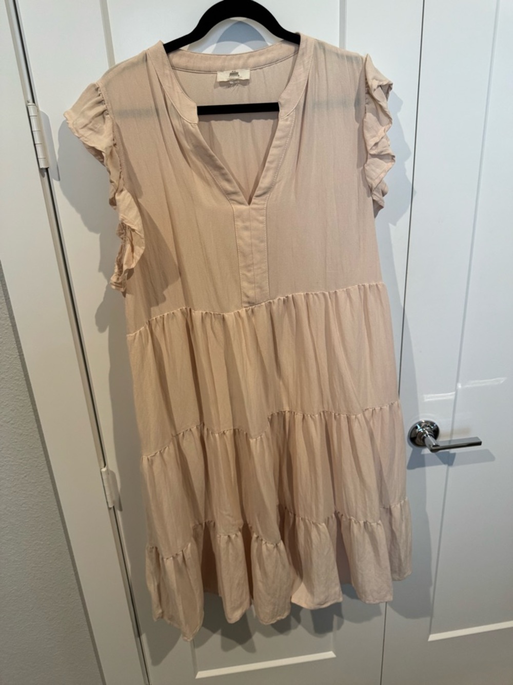 Light Tan Tiered Ruffle Sleeve V-Neck Dress